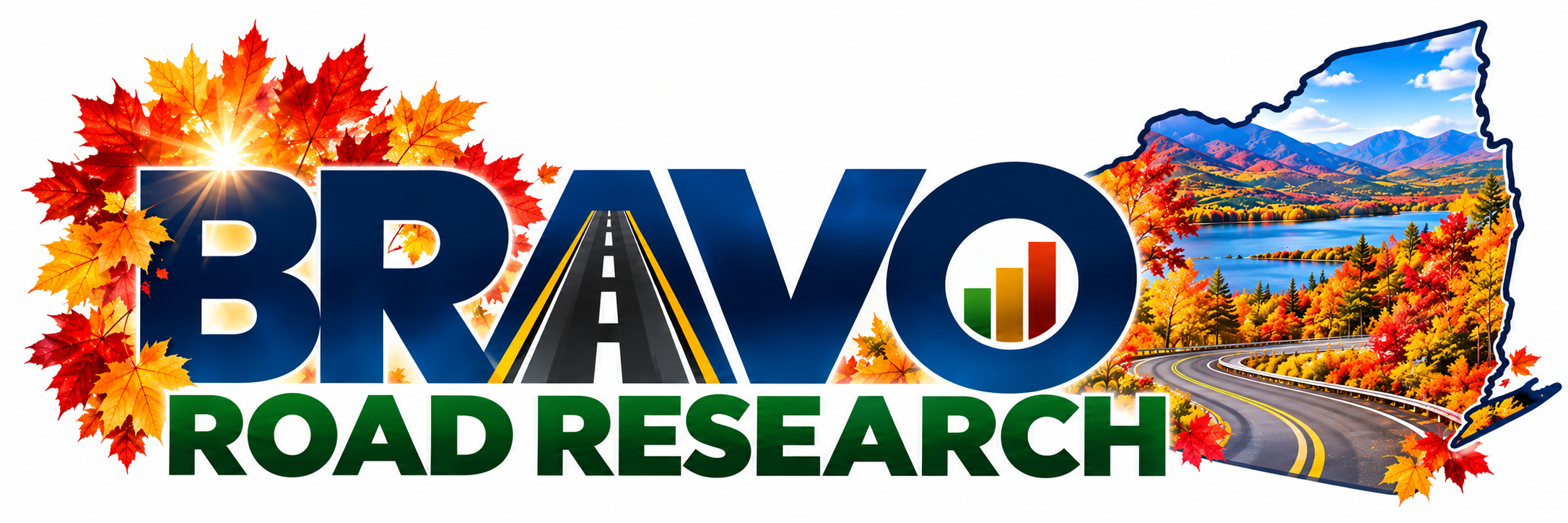BRAVO Road Research: roadway A, research chart O, autumn leaves and New York landscape